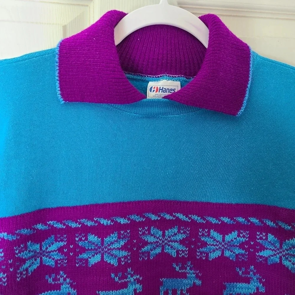 Vintage Hanes size Medium Knit collar fair isle sweatshirt Montana Blue Purple - Picture 5 of 8